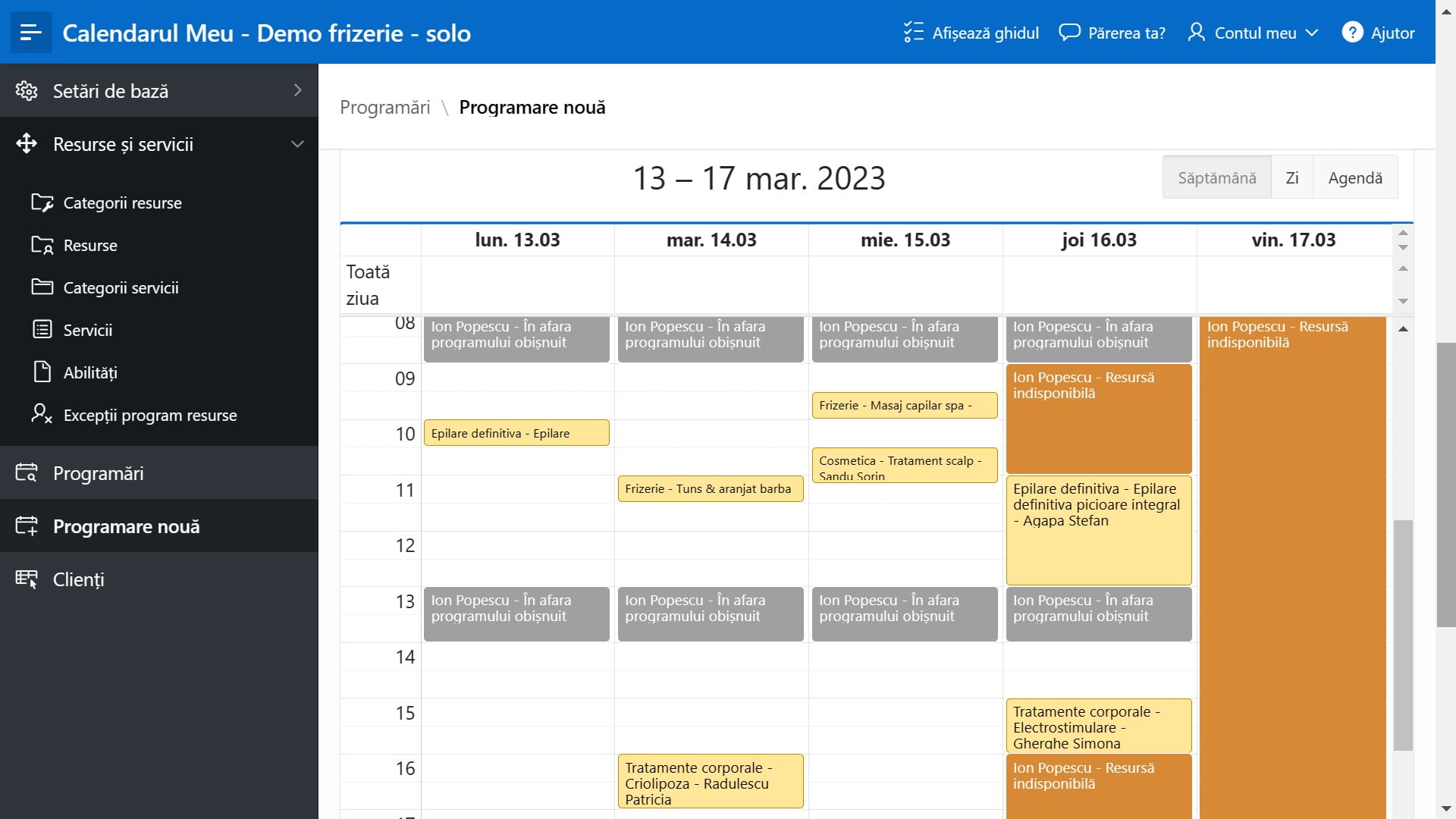 Calendar din aplicație programări clienți
